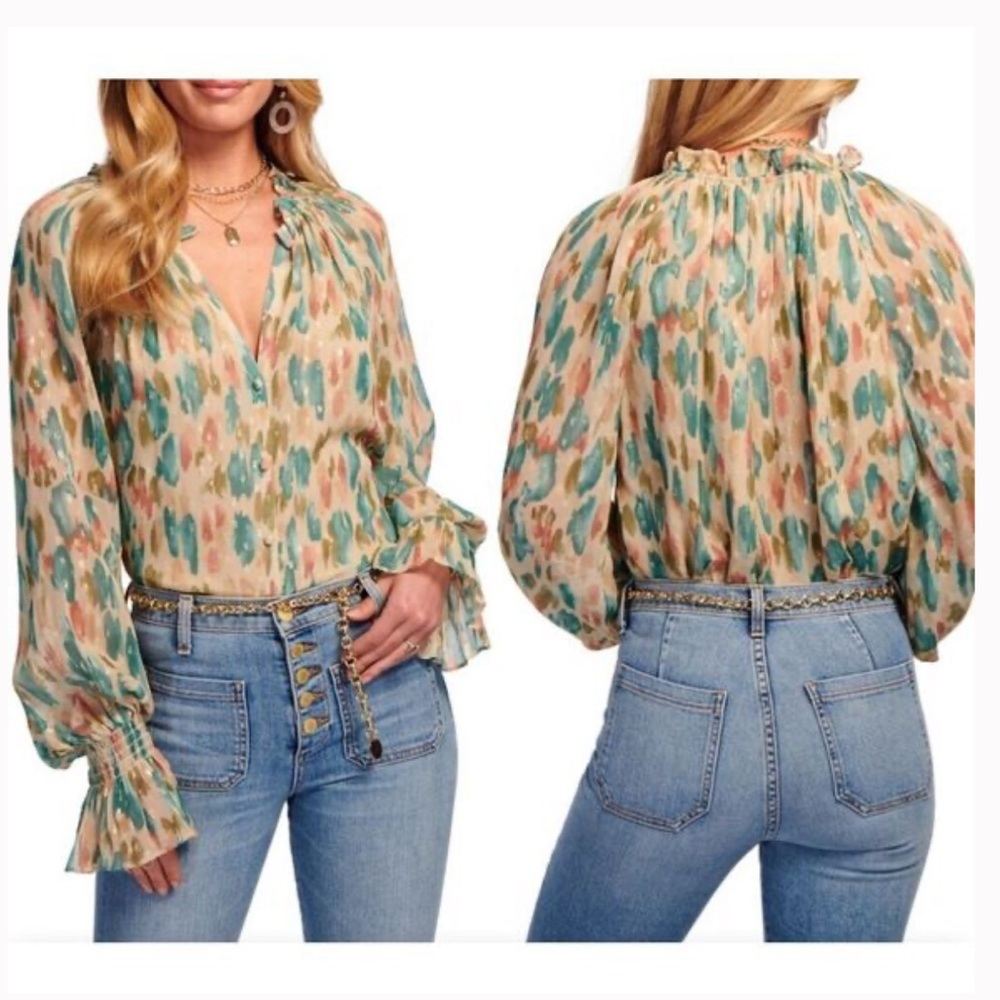 Ramy Brook Taryn Abstract Print Metallic Dot Flowy Blouse Size XS Long-Sleeve